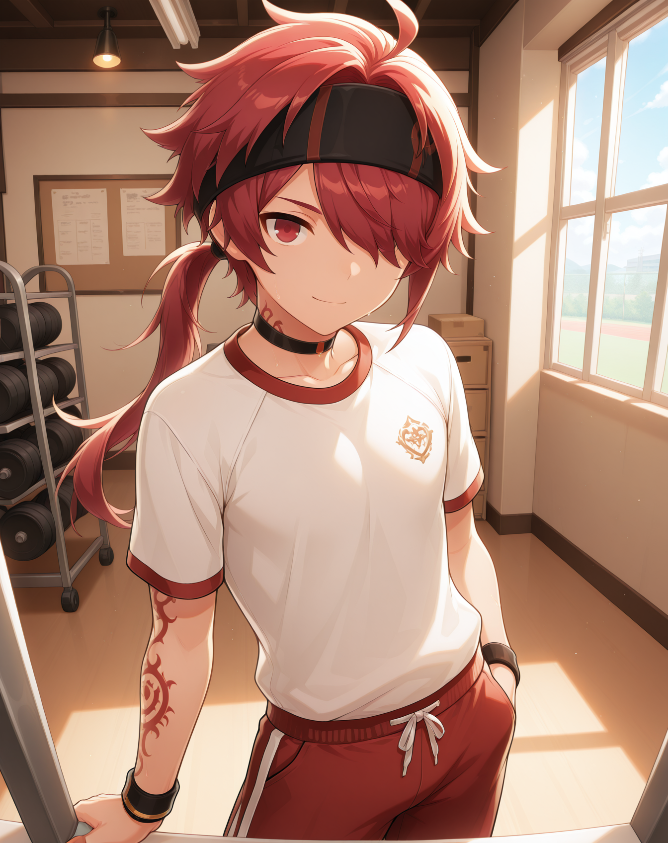 masterpiece,best quality,amazing quality, newest, very aesthetic, absurdres,
1boy, solo, yaoi, male focus, looking at viewer, cowboy shot, standing,
<lora:Elsword_Rune_Master_ilxl:1> elswordrm, red hair, long hair, tattoo,red eyes, ponytail, headband, hair over one eye, hairband,
gym uniform, gym shorts, gym shirt,
indoors, gym,