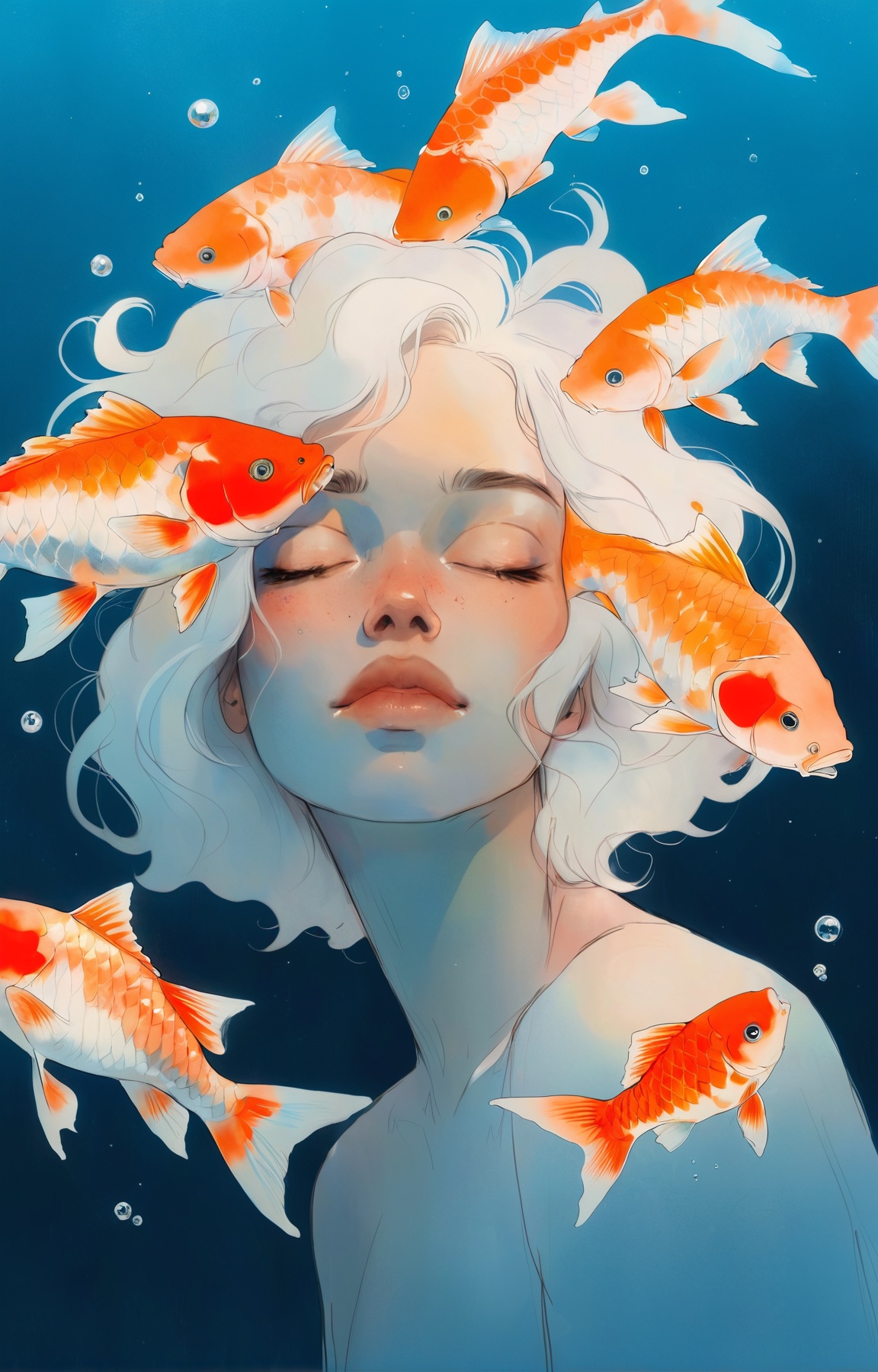 <lora:CuteLora:1> head and shoulders shot of a stunning Montserratian woman with a tired expression with large carps swimming in the background, Conrad Roset, space art,  <lora:Graphic_Portrait:0.6>