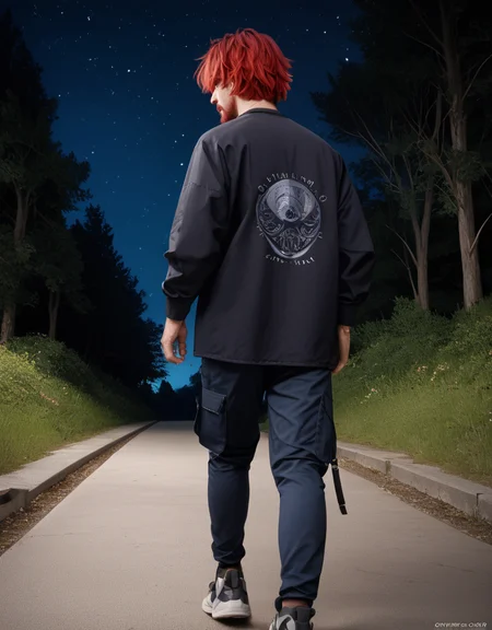 zPDXL2, <lora:TechwearV2:1>, t3chwear,
1boy, detailed eyes, beard, short red hair, walking on a forest path at night, night sky, viewed from behind