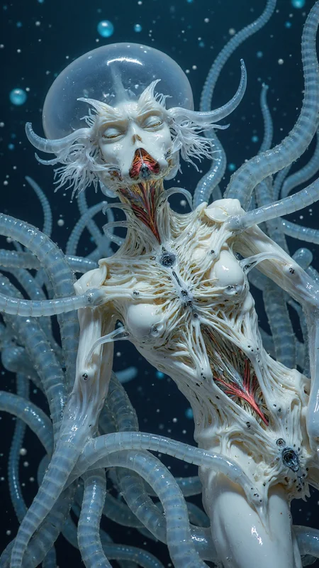 4byss, a humanoid android in a reclined position, its synthetic body seamlessly merging organic jellyfish elements with mechanical components. The figure's porcelain-white synthetic skin is partially deconstructed, revealing an intricate internal structure where mechanical vertebrae and neural cables interweave with translucent, bioluminescent tentacles that pulse with deep blues and vibrant crimsons.
The being's face tilts upward in an expression of either ecstasy or agony, its smooth synthetic features catching the ethereal blue light from above. Where traditional cybernetic ports would be, there are instead organic-looking segments that resemble jellyfish bells, their translucent tissue housing pulsing fiber optic cables. The neck extends into a complex array of both mechanical vertebrae and undulating tentacles, each segment marked with bioluminescent nodes that follow a rhythmic pattern like digital signals through organic matter.
The chest cavity opens to reveal not traditional robotics, but a hybrid system where rigid mechanical ribs transition into flowing, tentacular appendages marked with regular, comb-like structures that glow with an internal light. These tentacles curve and wrap around the mechanical components like living cables, their tips equipped with both electronic interfaces and organic sensory organs.
The entire scene is bathed in a cold, deep-sea blue lighting, with accents of bioluminescent reds and purples emanating from the creature's core. The background suggests a mechanical chamber slowly being overtaken by organic growth, with cables and tubes mimicking the flowing movement of deep-sea creatures. Small particles float through the scene, catching the light like marine snow, creating an atmosphere that exists somewhere between a high-tech laboratory and the abyssal depths.
The overall aesthetic creates a striking fusion of mechanical precision and organic fluidity, suggesting a future where the line between synthetic and natural life becomes meaningfully blurred, all rendered in a style that combines technical detail with the ethereal beauty of deep-sea bioluminescence