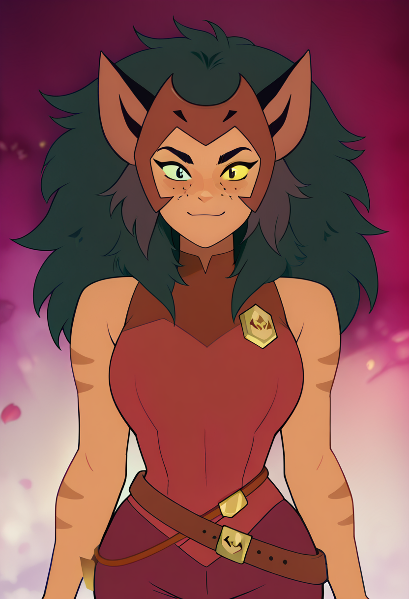 masterpiece, best quality, solo, curvy, beautiful eyes,   zzCatra, green eyes, yellow eyes, multicolored hair, cat girl, furry, big hair, brown hair, long hair, animal ears, cat ears, heterochromia, colored sclera, yellow sclera, dark skin,  freckles, blue eyes, sleeveless, belt, torn clothes, tail, black hair, pants,   ,       <lora:CatraShera_IXL:1.0>, , smile, looking at viewer, cowboy shot,  <lora:IckpotIXL_v1:1.0>,