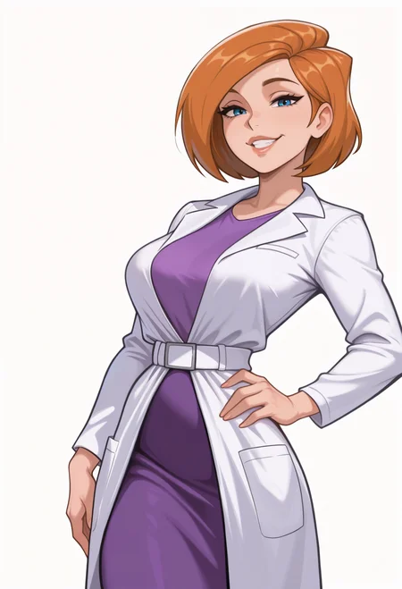 1girl, solo, white background, hand on own hip, looking at viewer, grin, mature female, lips,
blue eyes, orange hair, short hair, bob cut,
lab coat, long sleeves, purple shirt, white belt, purple skirt,
masterpiece, best quality, <lora:annpossible-guy90-Illust-LoraV1:1>, elbnna