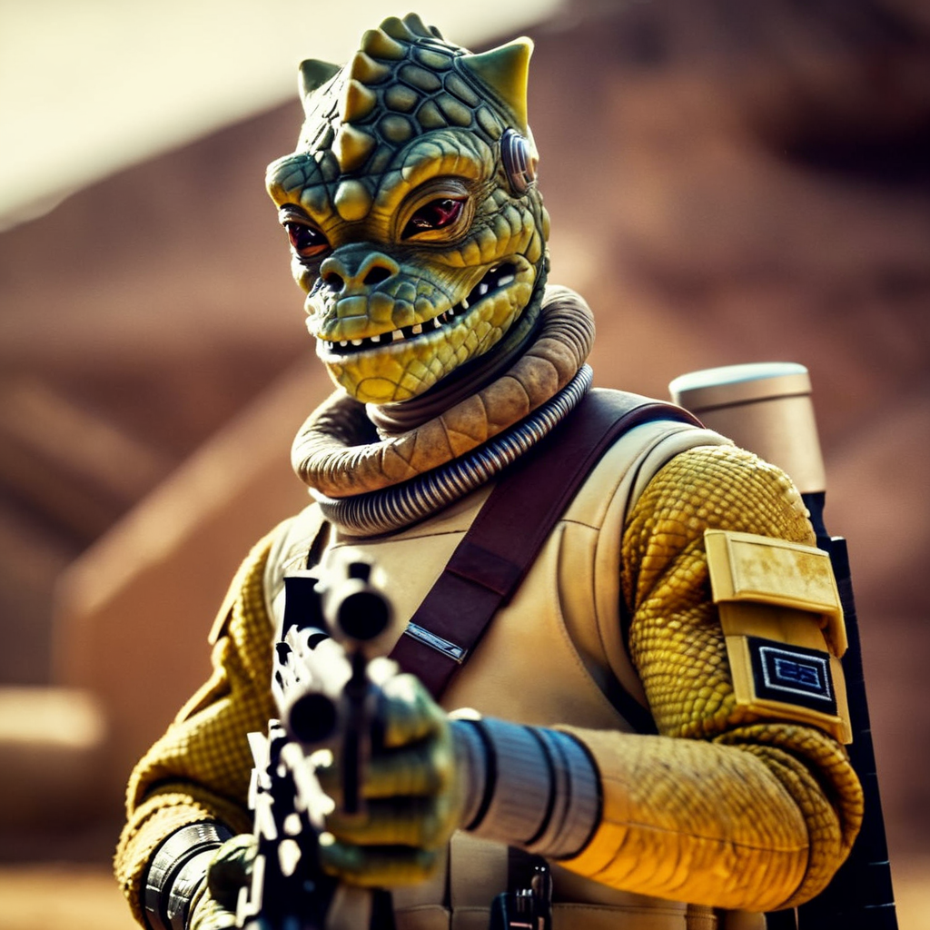 cinematic film still of  <lora:Bossk:1.2>
Bossk a reptilian cartoon character with a gun and a helmet in star wars universe, shallow depth of field, vignette, highly detailed, high budget, bokeh, cinemascope, moody, epic, gorgeous, film grain, grainy