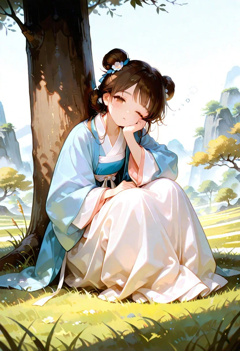 1girl, solo, 4k, hd, ultra detailed, masterpiece, best quality, very aesthetic, absurdres, full body, aesthetic background, detailed background, cute, brown eyes, brown hair, double bun, perfect eyes, beautiful eyes, detailed face, beautiful face, hanfu, cute hanfu, beautiful hanfu, detailed hanfu, sitting underneath a tree, grass, sleepy, leaning against the tree, dynamic view,