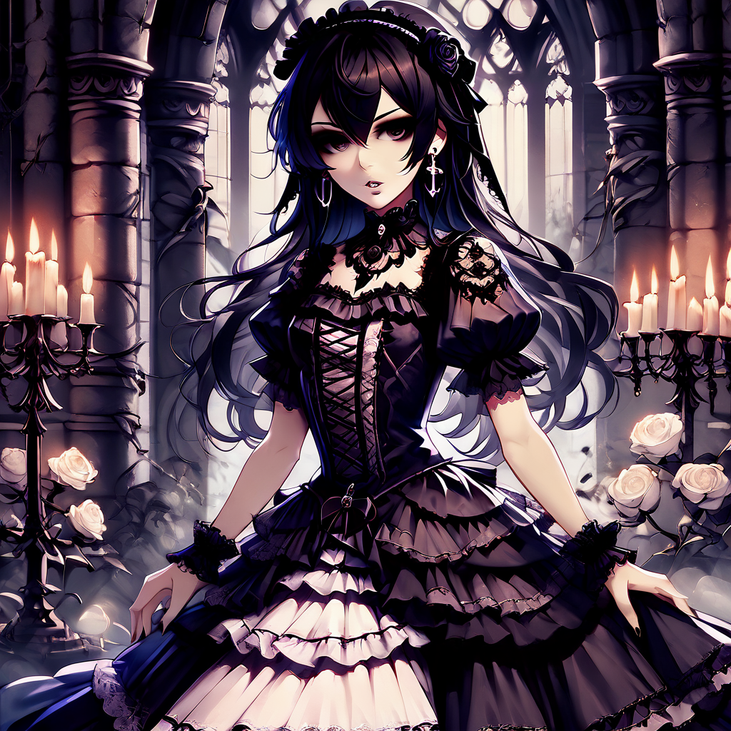 score_9, score_8_up, score_7_up, score_6_up, score_5_up, score_4_up,
gothicstyle, 1girl, solo, dress, long hair, jewelry, earrings, gothic , looking at viewer, short sleeves, candle, black dress, black hair, cross, flower, bangs, black flower, frills, parted lips, black rose, rose, brown eyes, hairband, hair between eyes, hairband, hair ornament, puffy sleeves, puffy short sleeves, gothic, frilled dress
 <lora:GothicStyle_Pony:0.8>
