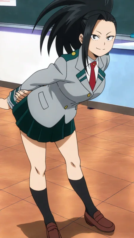source_anime, masterpiece, best quality, amazing quality, anime screencap, high quality, 8k, absurdres, official style, 1girl, solo, looking at viewer, smile, classroom, <lora:Momo_Yaoyorozu_iL:1>, m0m0 y40y0r0zu, black eyes, black hair, grey school outfit, ponytail, long hair, hair pulled back, school uniform, blazer, jacket, red necktie, necktie, skirt, pleated skirt, green skirt, black socks, loafers,