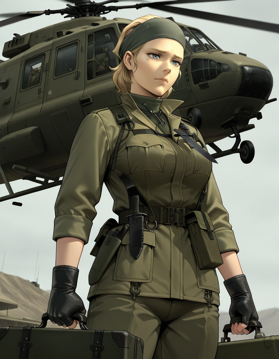 Masterpiece, hires, detailed face and eyes, ultra quality, Beautiful background, 1girl, MGS The Joy, mature, blue gray eyes, mole under eye, blonde hair, hair pulled back, sad expression, bandana, medium breasts, green military uniform, knife holster on chest, black gloves, fingerless gloves, duch angle, dynamic scene, cinematographic scene,  holding  military suitcase,  military base, helicopter, military armament, budling , bunker
<lora:The_Boss_Metal_Gear_Saga_-_Illustrious:1>