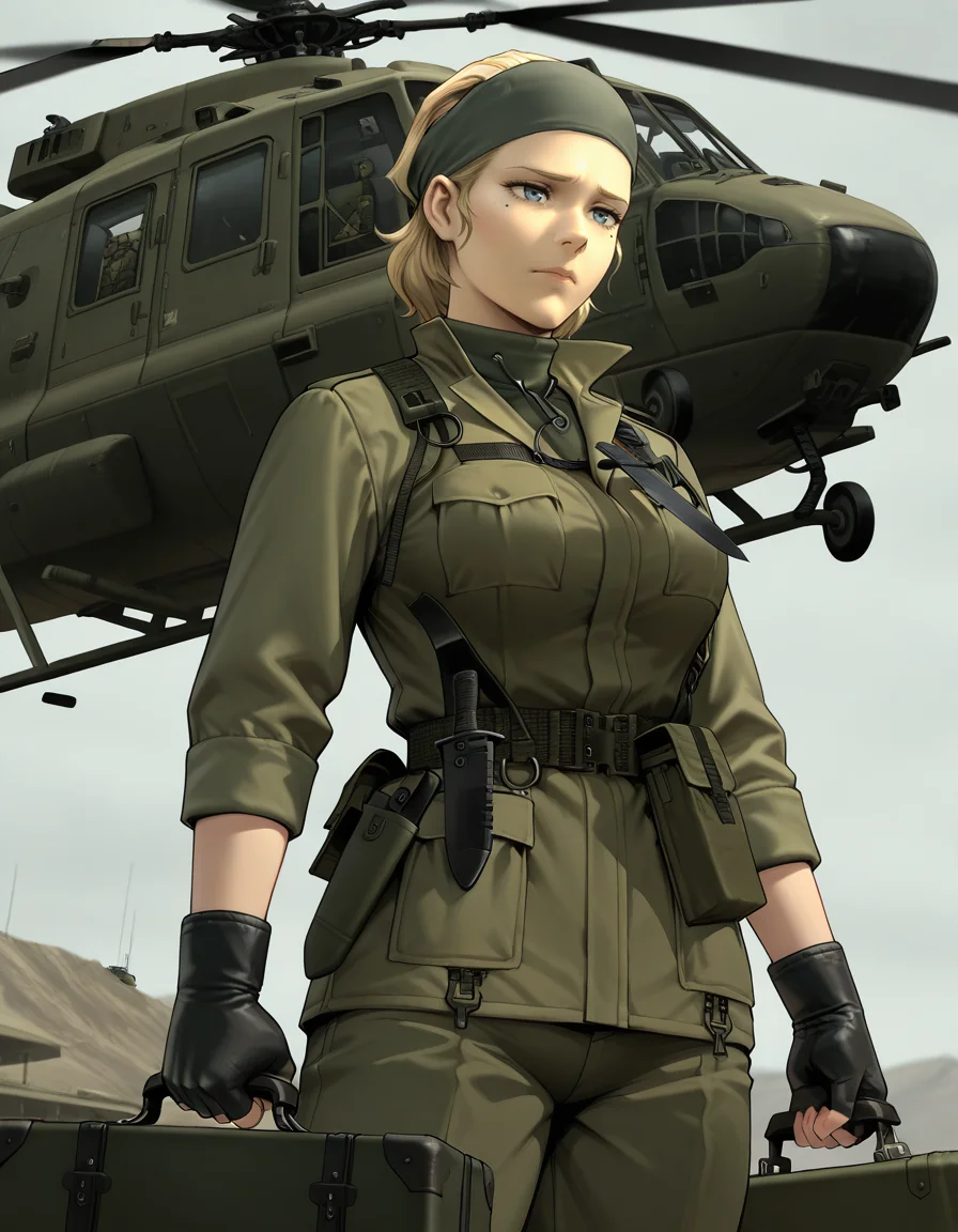 Masterpiece, hires, detailed face and eyes, ultra quality, Beautiful background, 1girl, MGS The Joy, mature, blue gray eyes, mole under eye, blonde hair, hair pulled back, sad expression, bandana, medium breasts, green military uniform, knife holster on chest, black gloves, fingerless gloves, duch angle, dynamic scene, cinematographic scene, holding military suitcase, military base, helicopter, military armament, budling , bunker
<lora:The_Boss_Metal_Gear_Saga_-_Illustrious:1>