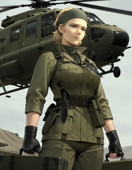 Masterpiece, hires, detailed face and eyes, ultra quality, Beautiful background, 1girl, MGS The Joy, mature, blue gray eyes, mole under eye, blonde hair, hair pulled back, sad expression, bandana, medium breasts, green military uniform, knife holster on chest, black gloves, fingerless gloves, duch angle, dynamic scene, cinematographic scene,  holding  military suitcase,  military base, helicopter, military armament, budling , bunker
<lora:The_Boss_Metal_Gear_Saga_-_Illustrious:1>