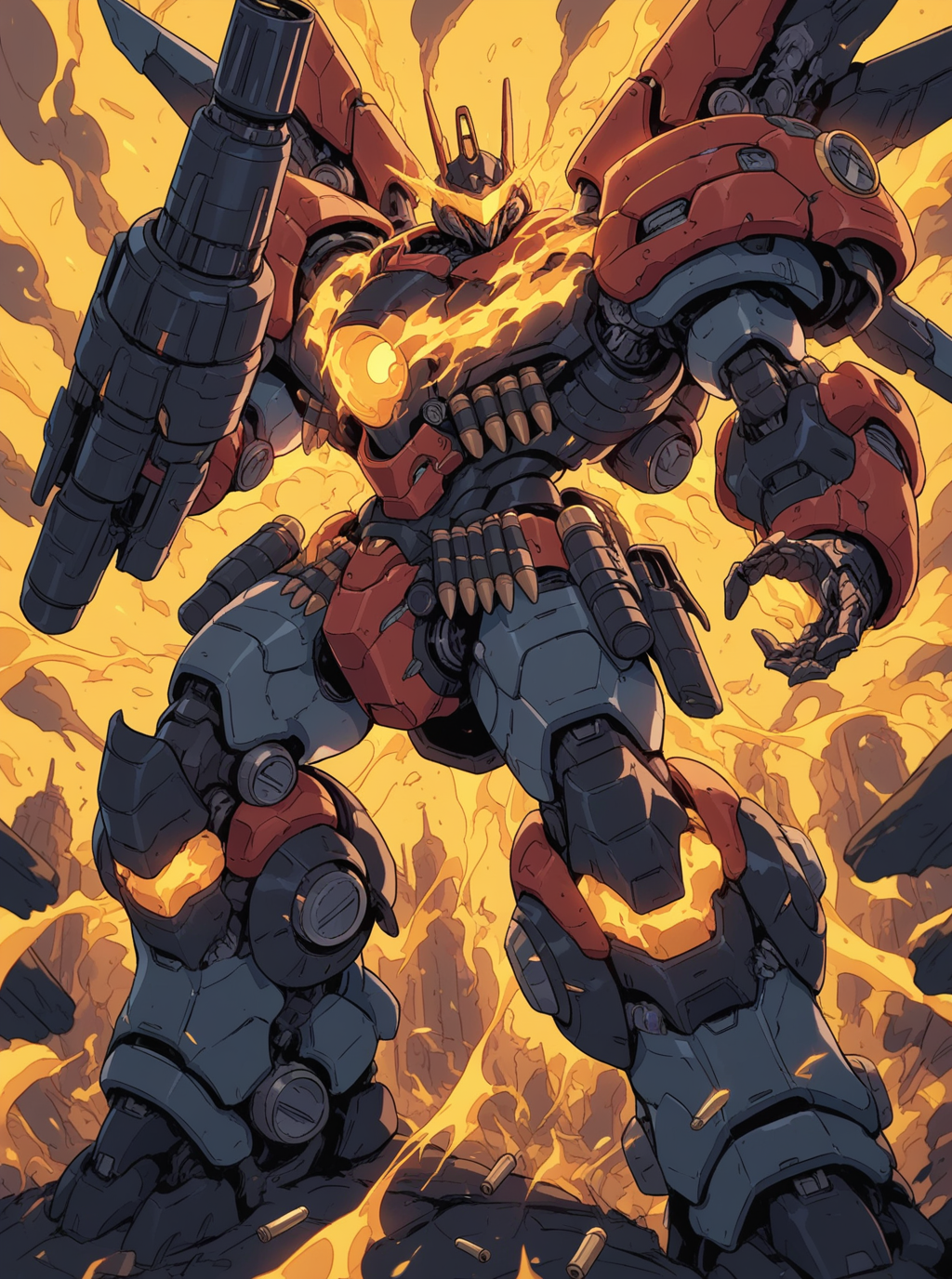 sref343157371, overdesigned heavy armored mecha, big shoulders, arm cannon, energy gun, cartridge belt, visor  <lora:sxz-sref343157371:0.8>