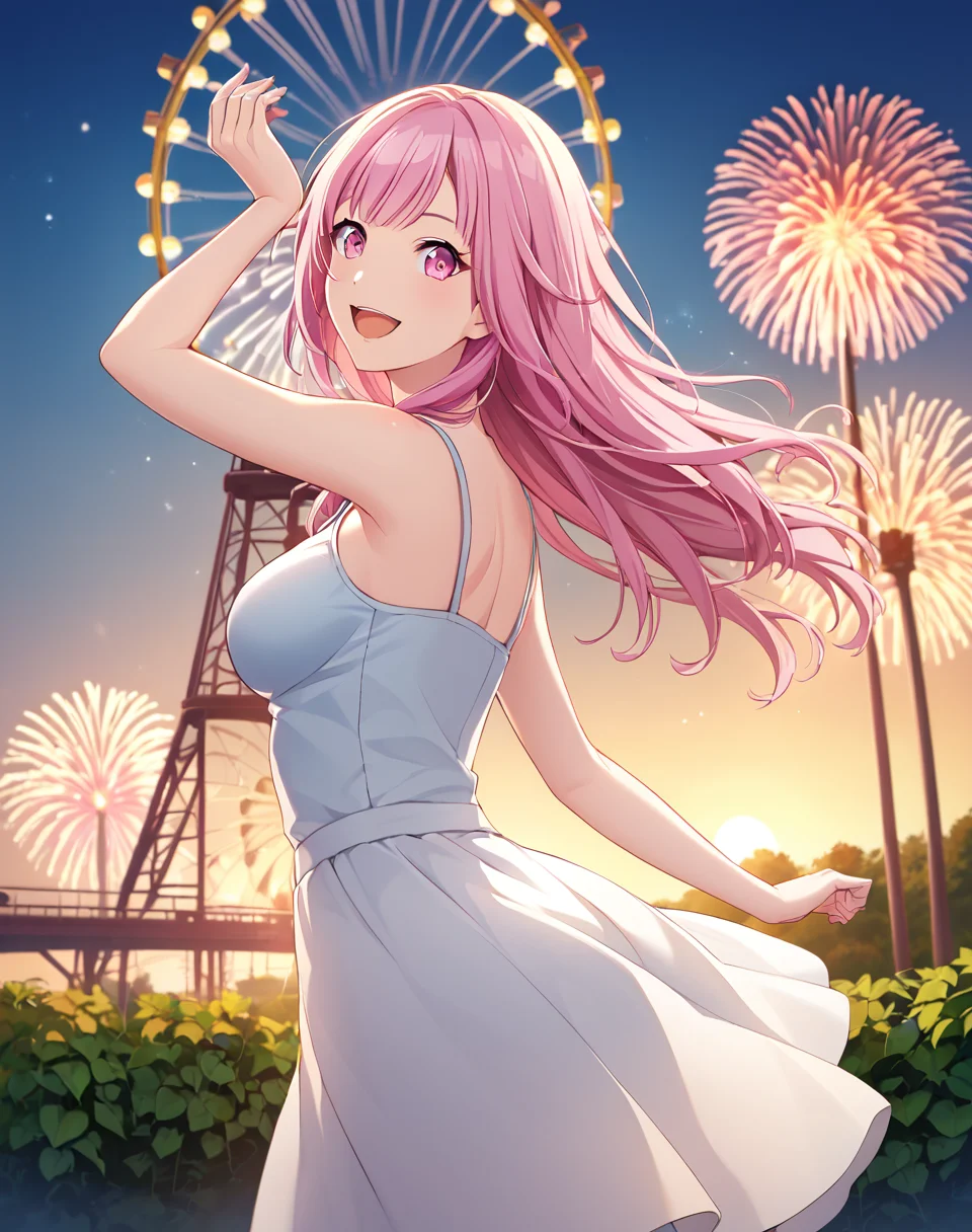 otori_emu, pink hair, long hair, pink eyes, sundress, medium breasts ,official art, medium breasts, BREAK outside, fireworks, luna park,ferris wheel, detailed background, asymmetrical background BREAK looking at viewer, sexy face, sexy smile, open mouth, cowboy shot, dynamic pose, from behind, looking back BREAK score_9, score_8_up, score_7_up, source_anime ,zPDXL, perfect hand,<lora:Otori_Emu:0.8>