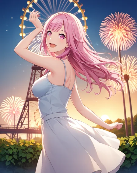 otori_emu, pink hair, long hair, pink eyes, sundress, medium breasts ,official art, medium breasts, BREAK outside, fireworks, luna park,ferris wheel, detailed background, asymmetrical background BREAK looking at viewer, sexy face, sexy smile, open mouth, cowboy shot, dynamic pose, from behind, looking back BREAK score_9, score_8_up, score_7_up, source_anime ,zPDXL, perfect hand,<lora:Otori_Emu:0.8>