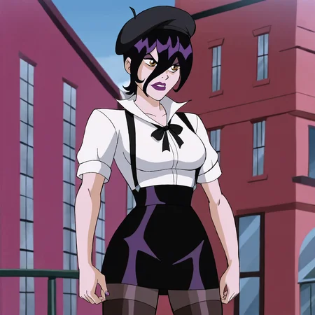 <lora:FoaraLooneyTunes_pony_v1:1>  FaoraLooneyTunes, 1girl, lipstick, makeup, short hair, black hair, medium breasts,  hair between eyes, purple lips, cowboy shot,  <lora:0902 Home wear 5_v1_pony:1> ruanyi0902,beret,black ribbon,collared shirt,black pantyhose,high-waist skirt,white shirt,suspenders