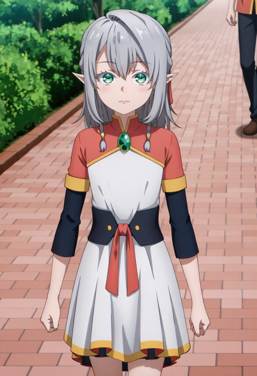 <lora:Young Tessia_IL:1>Young Tessia, 1girl, gray hair, pointed ears, elf, green eyes, white asymmetrical dress with yellow trim, red sash waist tie, black long-sleeve undershirt, green gem pendant necklace, white thigh-high socks, black crisscross strap shoes
 Urban garden with cherry blossom trees and walking paths