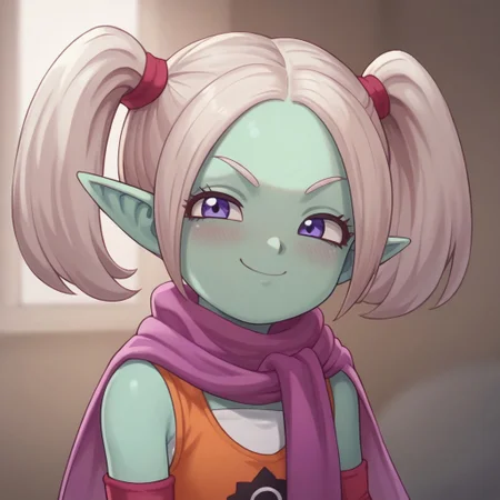 uncensored, score_9, score_8_up, score_7_up, 1girl, p4nzy, colored skin, green skin, pointy ears, purple eyes, white hair, twintails, gloves, elbow gloves, orange jumpsuit, scarf, looking at viewer, smile, smug, location home, bedroom, blush