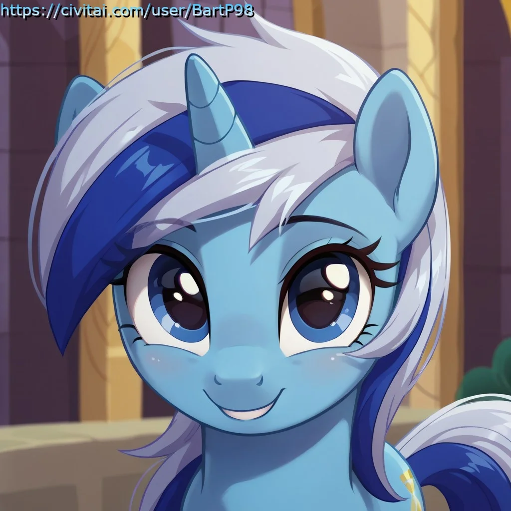 score_9, score_8_up, score_7_up, score_6_up, score_5_up, score_4_up, my little pony, ((feral pony)), minuette, blue fur, blue eyes, two-toned hair, unicorn, 1girl, ((solo)), (sexy), beautiful, detailed, (detailed cute pony face), detailed eyes, detailed fur, detailed hooves, beautiful, vector, vibrant colors, (abstract background), (looking at you, looking at viewer), smile, happy, cute, ((close-up)), (face focus), upper view