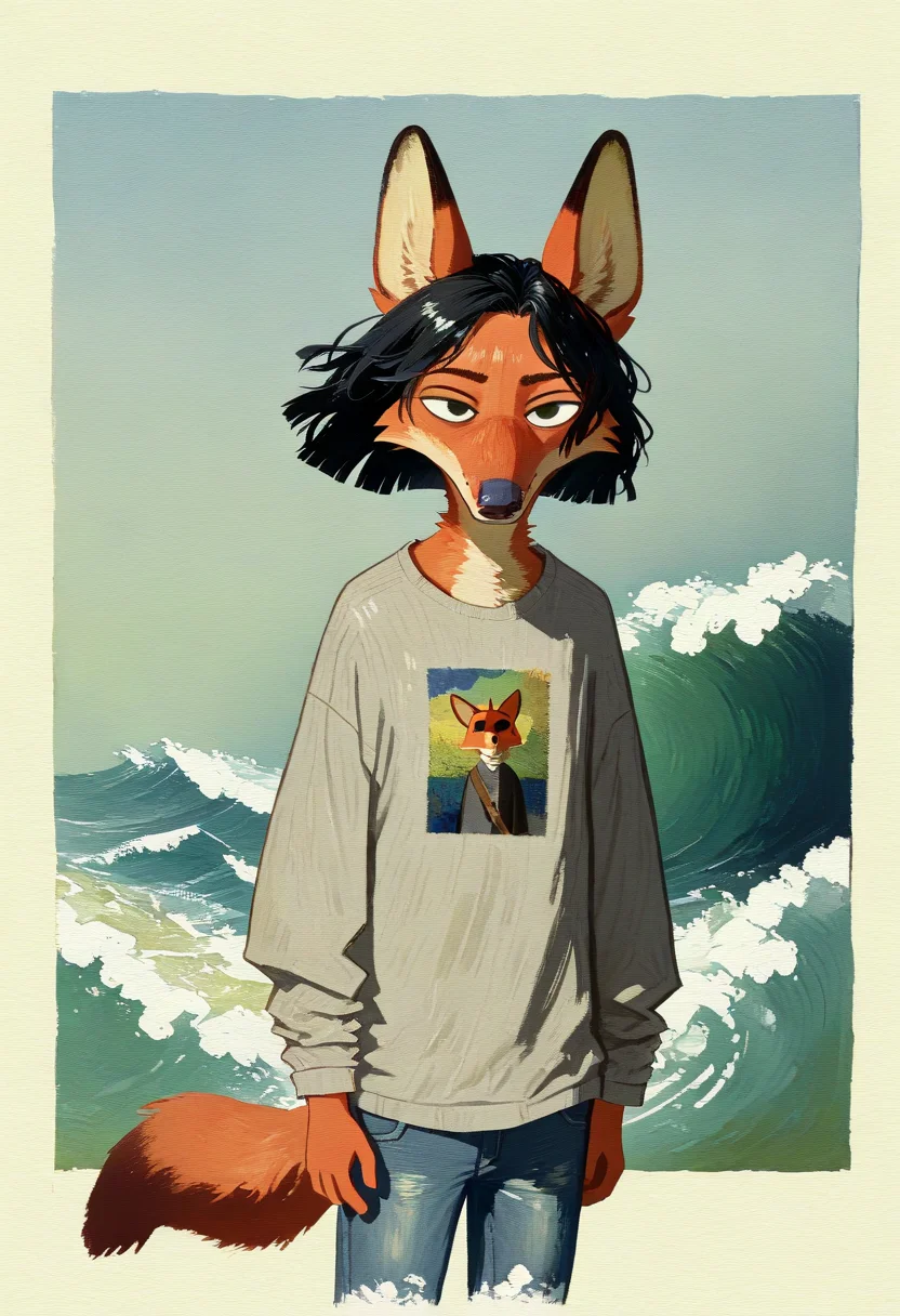 anthro, solo, furry female, nick wilde, black hair, blunt ends,grey shirt, long sleeves, cutoff jeans, slashing attack, wind rushing through fur, motion blur, dramatic lighting, abstract background, gradient background, wave, water, water splashesÐ±
,
, (impressionism:1.5), oil strokes, style of vincent van gogh, (masterpiece), best quality, newest, highres, absurdres, by cocadope