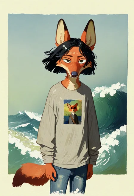 anthro, solo, furry female, nick wilde, black hair, blunt ends,grey shirt, long sleeves, cutoff jeans, slashing attack, wind rushing through fur, motion blur, dramatic lighting, abstract background, gradient background, wave, water, water splashesб
,
, (impressionism:1.5), oil strokes, style of vincent van gogh, (masterpiece), best quality, newest, highres, absurdres, by cocadope