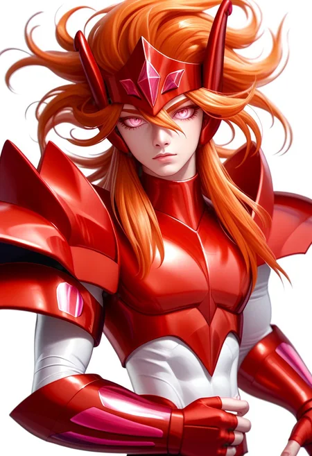 score_9, score_8_up, score_7_up, FMW1, painterly, vibrant details, (gradient eyes:1.4), 1boy, male focus, slender figure, benetmime, long wavy orange hair, slender figure, red circlet, pink eyes, red armor, red pauldrons, white sleeves, red vambraces, red fingerless gloves, upper body, stoic, portrait
