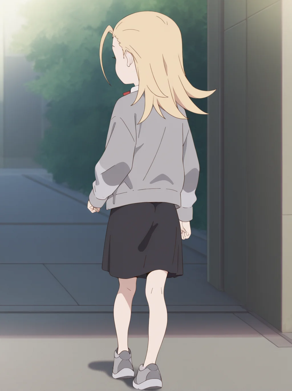 (masterpiece:1.4), (best quality:1.4),  rating_safe,very aesthetic, newest,best quality, amazing quality, very aesthetic, absurdres,
 1girl,solo,jobko,
,  blonde hair,  long hair,flipped hair
<lora:jobko:1>
white shirt,neck ribbon,red ribbon,black skirt,grey jacket,grey sneakers
standing,from behind,
walking,outdoor