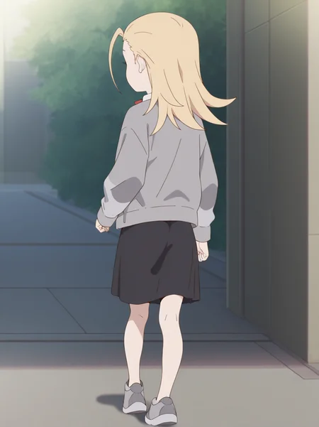 (masterpiece:1.4), (best quality:1.4),  rating_safe,very aesthetic, newest,best quality, amazing quality, very aesthetic, absurdres,
 1girl,solo,jobko,
,  blonde hair,  long hair,flipped hair
<lora:jobko:1>
white shirt,neck ribbon,red ribbon,black skirt,grey jacket,grey sneakers
standing,from behind,
walking,outdoor