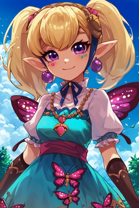 score_9, score_8_up, score_8, medium breasts, (curvy), cute, eyelashes, BREAK, , <lora:Agitha_Zelda_PDXL:0.8>, zzAgitha, purple eyes, blonde hair, twintails, pointy ears, jewelry, earrings, gloves, dress, butterfly wings, , BREAK, smile, looking at viewer, cowboy shot, outdoors, sky, day, cloud, tree, blue sky, sunny, Expressiveh, <lora:Alola_Style_PDXL:0.8>, <lora:Expressive_H-000001:0.4>,