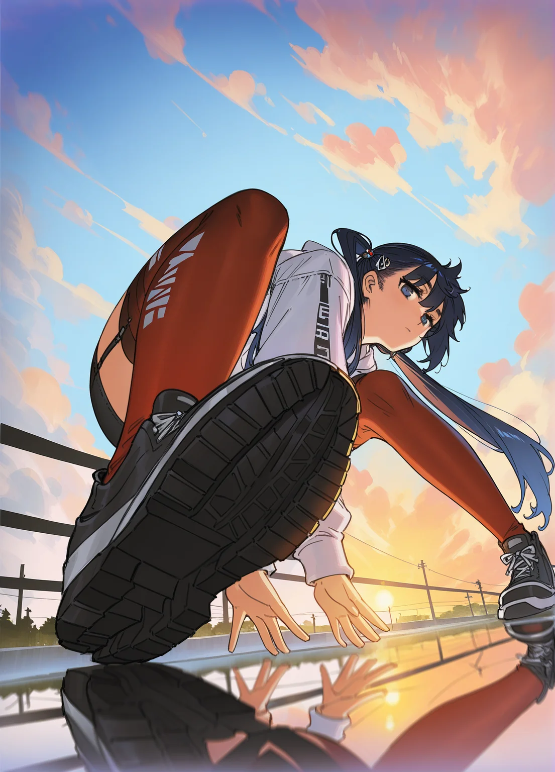 best quality,masterpiece,absurdres,newest,
<lora:GENESIS_MK0.4:0.9>,
(strong lighting:1.3), (hard lighting:1.3),(moody lighting:1.2),
(alzi xiaomI:1.3),(mogumo:1.2),(fukuro daizi:1.2),(starshadowmagician),
1girl, solo, long hair, looking at viewer, blue eyes, long sleeves, hair ornament, thighhighs, hair between eyes, closed mouth, very long hair, twintails, blue hair, jacket, full body, outdoors, sky, shoes, cloud, hood, black footwear, blue sky, tree, hoodie, expressionless, white jacket, garter straps, squatting, from below, cloudy sky, sneakers, foreshortening, scenery, clothes writing, reflection, sunset, fence, railing, red thighhighs, on one knee, white hoodie, shoe soles, power lines, perspective, utility pole, evening, print thighhighs, gradient sky, sunrise, reflective water, reflective floor, colored shoe soles, cumulonimbus cloud, hatsune miku