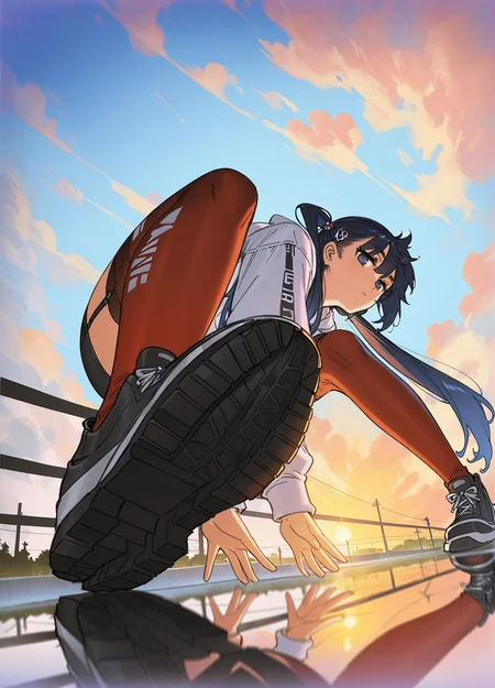 best quality,masterpiece,absurdres,newest,
<lora:GENESIS_MK0.4:0.9>,
(strong lighting:1.3), (hard lighting:1.3),(moody lighting:1.2),
(alzi xiaomI:1.3),(mogumo:1.2),(fukuro daizi:1.2),(starshadowmagician),
1girl, solo, long hair, looking at viewer, blue eyes, long sleeves, hair ornament, thighhighs, hair between eyes, closed mouth, very long hair, twintails, blue hair, jacket, full body, outdoors, sky, shoes, cloud, hood, black footwear, blue sky, tree, hoodie, expressionless, white jacket, garter straps, squatting, from below, cloudy sky, sneakers, foreshortening, scenery, clothes writing, reflection, sunset, fence, railing, red thighhighs, on one knee, white hoodie, shoe soles, power lines, perspective, utility pole, evening, print thighhighs, gradient sky, sunrise, reflective water, reflective floor, colored shoe soles, cumulonimbus cloud, hatsune miku