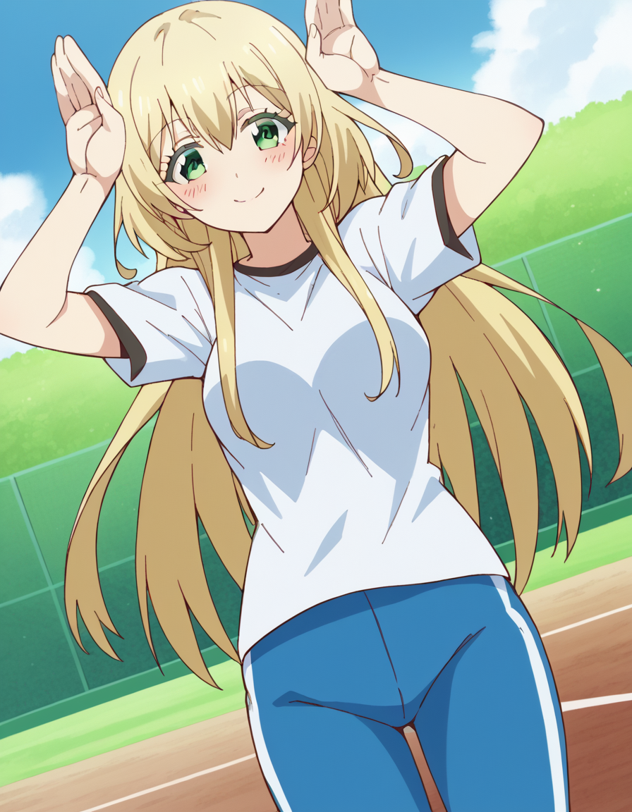 score_9, score_8_up, score_7_up, source_anime, <lora:yuki-nozaki-s1-ponyxl-lora-nochekaiser:1>, yuki nozaki, long hair, blonde hair, hair between eyes, green eyes, sidelocks,, shirt, pants, t-shirt, sportswear, track pants,, museum, exhibits, art, history, visitors, smile, <lora:rabbit-pose-ponyxl-lora-nochekaiser:1>, rabbit pose, smile, blush,, looking at viewer, solo,, dutch angle, cowboy shot
