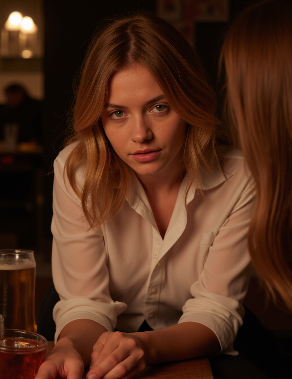 18 years old, (high definition), (cinematic) photo of girl at party (sitting behind a table playing drinking games), high contrast, soft light, cute, petite, slender, Australian, (huge sagging breasts:1.5), Petite body, (Wearing form fitting white shirt:1.5)(deep v neck:-1.3), (long blonde wavy hair:1.3), (Big blue eyes:1.3), Highly detailed eyes, Highly detailed face, Highly detailed skin, eyes open, Jewelry, (real skin, textured skin, intricately detailed eyes, perfect lips:1.1), (skin textures), (intricately detailed eyes:1.4), narrow hips, slim body, (subsurface scattering), (dim cozy lighting), warm rich dark color palette  