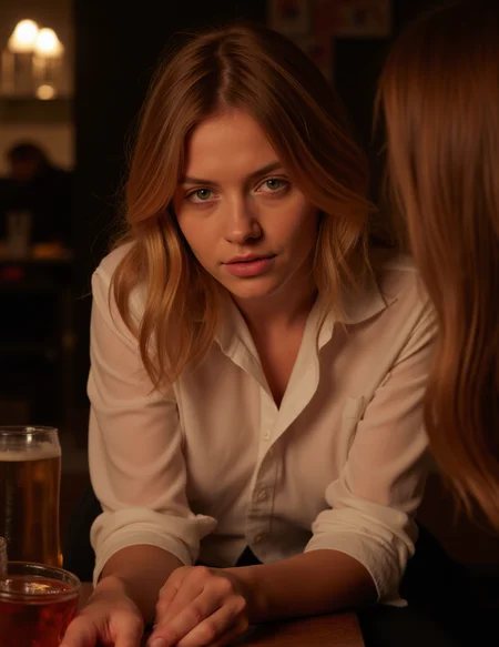 18 years old, (high definition), (cinematic) photo of girl at party (sitting behind a table playing drinking games), high contrast, soft light, cute, petite, slender, Australian, (huge sagging breasts:1.5), Petite body, (Wearing form fitting white shirt:1.5)(deep v neck:-1.3), (long blonde wavy hair:1.3), (Big blue eyes:1.3), Highly detailed eyes, Highly detailed face, Highly detailed skin, eyes open, Jewelry, (real skin, textured skin, intricately detailed eyes, perfect lips:1.1), (skin textures), (intricately detailed eyes:1.4), narrow hips, slim body, (subsurface scattering), (dim cozy lighting), warm rich dark color palette