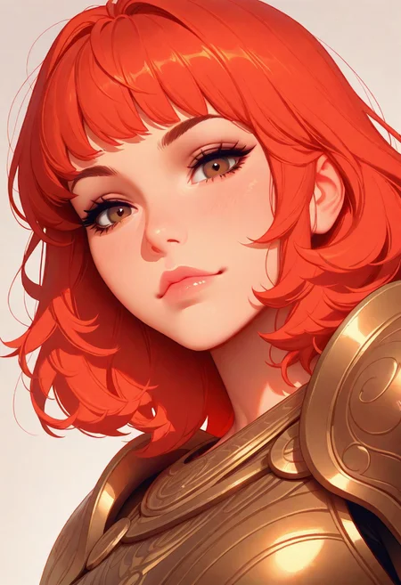 masterpiece, best quality, amazing quality, very aesthetic, (flat colors:1), (Artist:Tsuaii:1), (Artist:ilya kuvshinov:0.5),(Artist:incase:0.5),
(smiling:0.5), looking at viewer, (sexy:1), portrait, from below,
warrior, short red hair, bronze armor, brown eyes,
simple background,