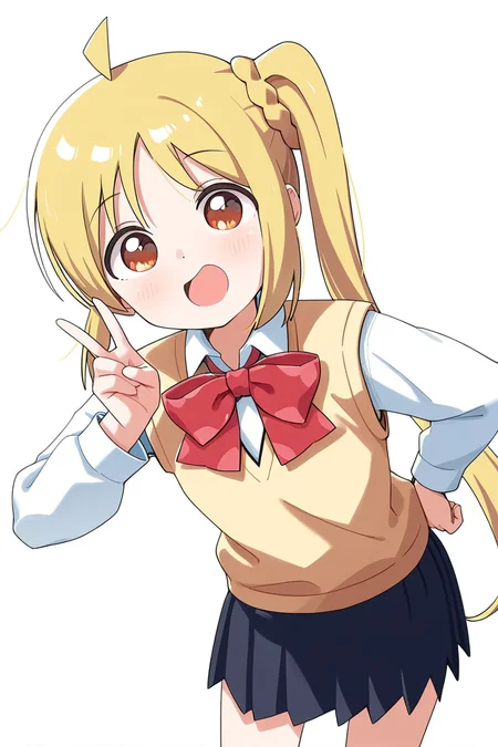 masterpiece, best quality, amazing quality,
<lora:Haru_IL:1> haru, 1girl, solo, blonde hair, side ponytail, long hair, shirt, white background, bow, simple background, white shirt, school uniform, v, smile, skirt, red bow, ahoge, looking at viewer, long sleeves, bangs, collared shirt, pleated skirt, sweater vest, open mouth, hand on hip, :d, nijika