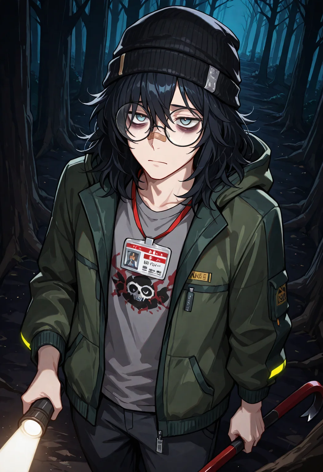 (masterpiece, detailed, best quality, newest, absurd res), 1boy, solo, drk3l, medium hair, black hair, messy hair, grey eyes, bags under eyes, bandaid on nose, black beanie, round glasses, grey shirt, print shirt, green jacket, hooded jacket, hood down, pants, id card on lanyard, cowboy shot, holding flashlight, glowing flashlight, tired, holding crowbar, (dark forest), dark, creepy background, from above, dutch angle, looking aside,