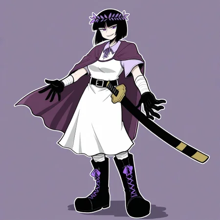 Sentaku-bune, BREAK, 1girl, solo, (tall, mature, purple eyes, black hair, hime cut, short hair, Lavender flower crown, lavender cape, white tunic, lavender shirt collar, short sleeves, white dress, lavender floral dress, katana sheath, black belt, lavender laces, black boots, black gloves, white arm wraps, white leg wraps,) smug, evil grin, hand outstretched, full body, simple background,