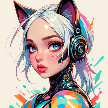 Magazin award poster with header inscription:"Home kitty to love". Magazin purpose sing:"Buy a New Robotic Cat". Futurism cat-woman furry art. she has robot implant and cat ears. Art make up and and deep blue eyes. 25 years old, white hair, perfect face. On background cubism and geometric art, some schemes and grafs lines. Inkpunk Anime
