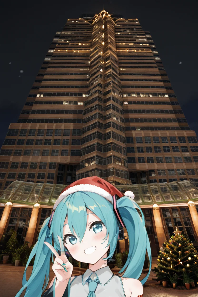 masterpiece, best quality, zzNakatomi, entry, 1girl, solo, long hair, looking at viewer, blush, smile, bangs, blue eyes, shirt, hair ornament, hair between eyes, bare shoulders, twintails, upper body, detached sleeves, necktie, sleeveless, day, collared shirt, grin, aqua eyes, tree, v, aqua hair, tattoo, plant, blue necktie, city, black sleeves, potted plant, aqua necktie, hatsune miku, (santa hat, Christmas trees, Christmas lights), snow, night, ,<lora:NakatomiIXL:1.0>,