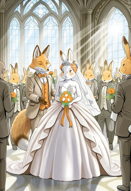 Bpstyle, 1girl, 1man, (1man, (rabbit male:1.2) wearing suit and bowtie, (male with white fur:1.2)), (1girl, (female fox:1.3) wearing bride gown and holding flowers, orange and white fur, updo), indoors, cathedral, interspecies crowd attending, sun rays through colored windows,