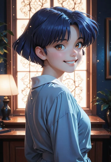 HDR, 8K, high contrast, masterpiece, best quality, amazing quality, very aesthetic, high resolution, ultra-detailed, absurdres, newest, scenery, chiaroscuro, 1girl, solo,akane_tendou, short_hair, blue_hair, brown_eyes, cute smile, teeth, cute eyes, , dim lighting ,looking back at viewer, dark room, face focus, head shot BREAK, beautiful detailed eyes, detailed skin, detailed hair, volumetric lighting, dappled light, light particles, dramatic shadows, cinematic lighting, photo background, <lora:ponyxl\cfg_scale_boost:0.7> h4v_h0l0,