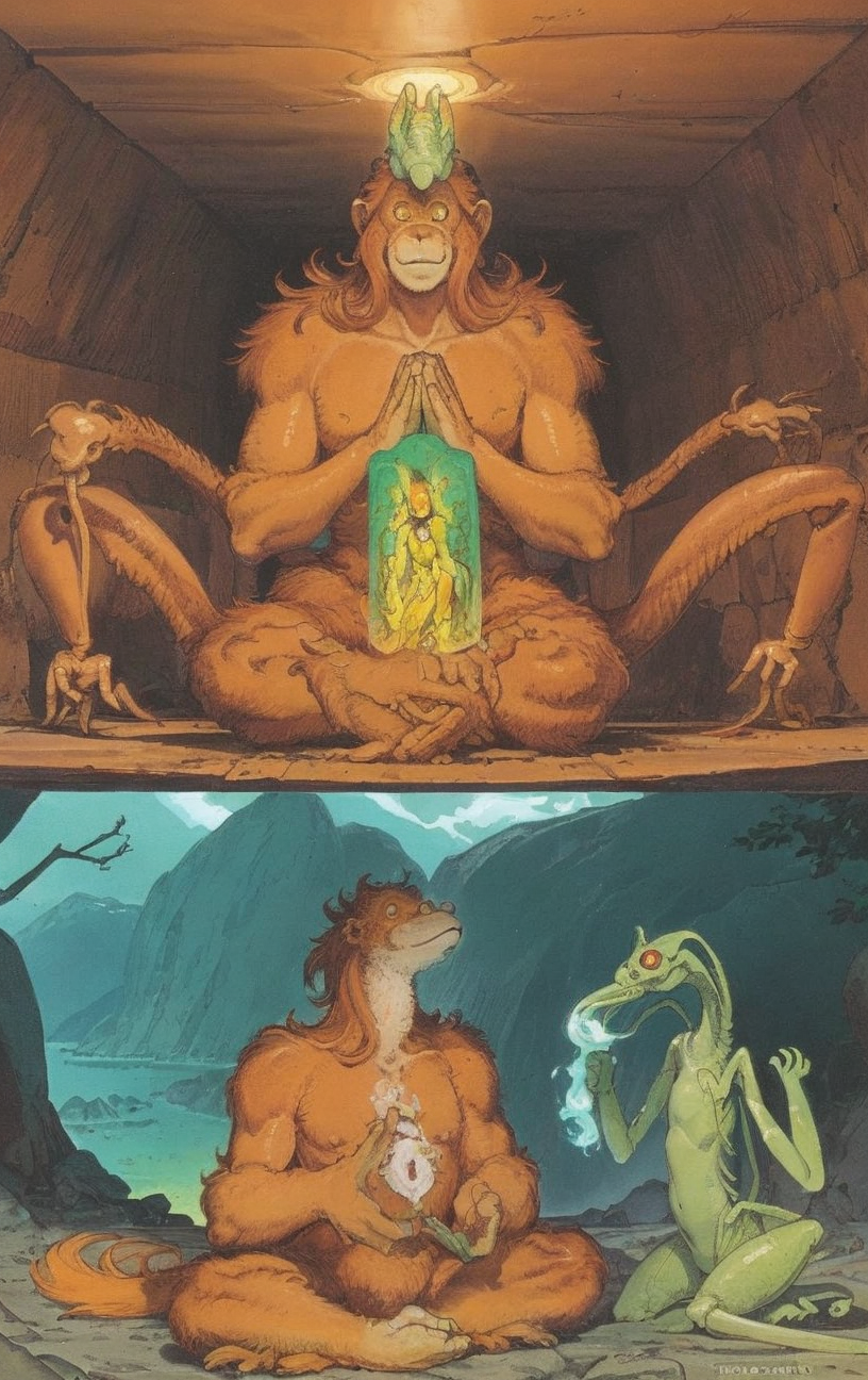 artwork <lora:Moebius:1>, fusion of orangutan,Great Jaggi,praying mantis,Chinese Lung BREAK magical realm, karst landscape