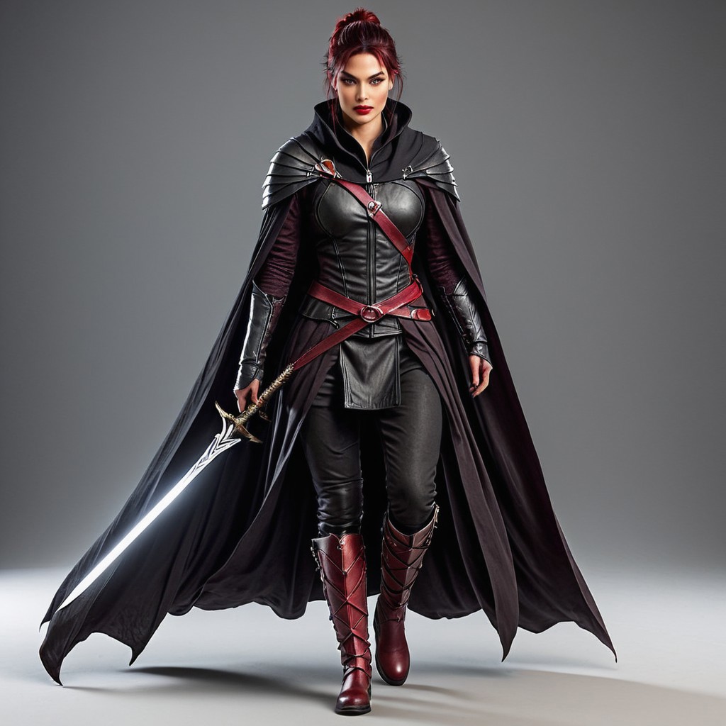 This towering figure is a force of nature, her body a perfect blend of power and grace. Her skin is dark, covered in deep crimson scales that ripple with each movement, showing off the dense muscles beneath. Her chest is broad and defined, her arms and shoulders bulging with veins, while her forearms are thick, powerful, and marked with dark, intricate runes that glow faintly in the shadows. Her face is hardened, with high cheekbones and a strong, angular jaw. Her eyes burn with an infernal light, giving her an unearthly presence. Her clothing is minimal but practical—tight, black leather wrapped around her waist and chest, leaving her arms and legs exposed for freedom of movement. A long, black cloak drapes from her shoulders, hiding an array of small, deadly throwing blades. Her boots are armored, sharp spikes jutting from the knees. She wields a jagged, serrated sword in one hand, the blade humming with dark energy. Silent and unstoppable, she strikes fear into even the bravest hearts.