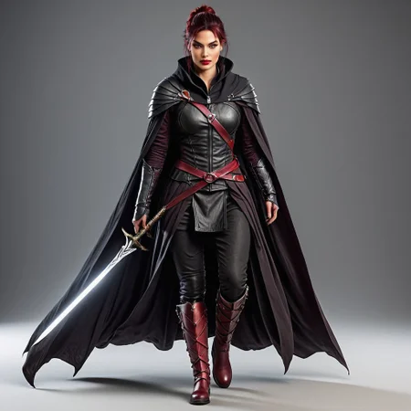This towering figure is a force of nature, her body a perfect blend of power and grace. Her skin is dark, covered in deep crimson scales that ripple with each movement, showing off the dense muscles beneath. Her chest is broad and defined, her arms and shoulders bulging with veins, while her forearms are thick, powerful, and marked with dark, intricate runes that glow faintly in the shadows. Her face is hardened, with high cheekbones and a strong, angular jaw. Her eyes burn with an infernal light, giving her an unearthly presence. Her clothing is minimal but practical—tight, black leather wrapped around her waist and chest, leaving her arms and legs exposed for freedom of movement. A long, black cloak drapes from her shoulders, hiding an array of small, deadly throwing blades. Her boots are armored, sharp spikes jutting from the knees. She wields a jagged, serrated sword in one hand, the blade humming with dark energy. Silent and unstoppable, she strikes fear into even the bravest hearts.