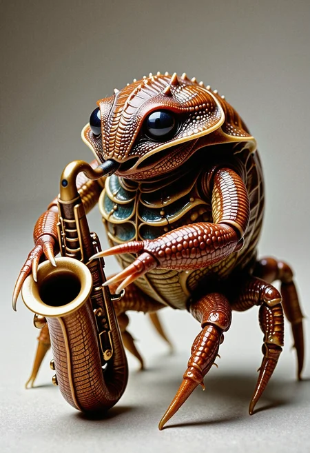 A high quality photograph of a rptlsknCE style crab made out of reptile skin playing saxophone. <lora:Hyper-FLUX.1-dev-16steps-lora:0.15> <lora:Challenge_Winnifier_ENTERPRISE_EDITION_epoch_5:0> <lora:ReptileSkin01_CE_FLUX_AIT:1>