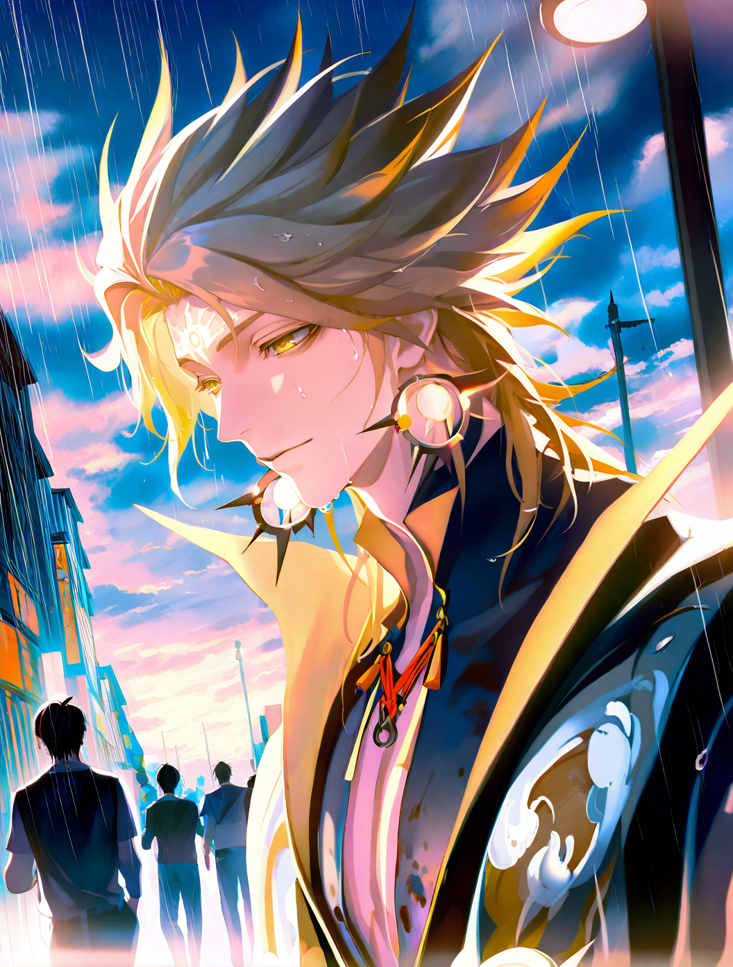masterpiece,best quality,amazing quality,absurdres,volumetric lighting,very aesthetic,newest,highres,
(solo:1.3),1boy,male,<lora:susanoo_onmyoji-000010:1>,susanoo \(onmyoji\),blonde hair,yellow eyes,male focus,earrings,jewelry,bishounen,spiked hair,
beautiful_detailed_eyes,finely detail,colorful refraction,beautiful,cinematic lighting,<lora:ClearHand-V2:1>,<lora:DetailedEyes_V3:1>,<lora:detailed hand focus style illustriousXL v1:1>,downtown,street,crowd,cityscape,city,road,lamppost,dept,<lora:checkpoint-e18_s378:0.8>,heavy-rain,rain,wet,cloudy,dark,wet clothes,wet hair,<lora:reiXLNB11lokrV63P1:0.8>,