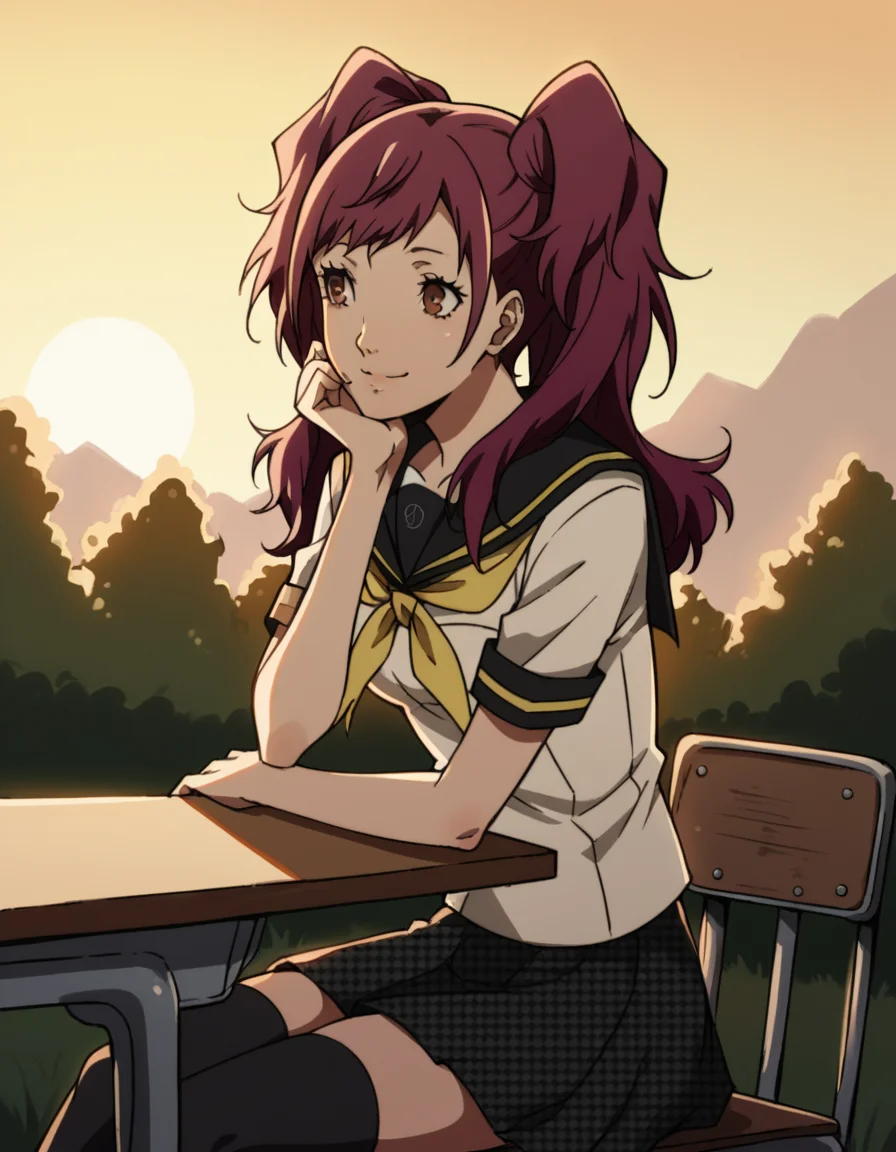 score_9, score_8_up, score_7_up, source_anime, <lora:rise-kujikawa-s1-ponyxl-lora-nochekaiser:1>, rise kujikawa, long hair, red hair, twintails, brown eyes, medium breasts,, skirt, thighhighs, school uniform, serafuku, zettai ryouiki, yasogami school uniform,, bike ride, countryside, dirt road, trees, afternoon sun, peaceful, alone, smile, , sitting, elbow rest, table,, solo,, cowboy shot, dutch angle