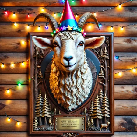 pamtrophy goat wearing a party hat,tongue,fairy lights,wooden wall background,realistic,highly detailed,lifelike,studio photo,dynamic,cinematic,masterpiece,intricate,hdr,abstract,ultrarealistic,  full depth of field and realistic textures,highly detailed,masterpiece,high quality, 8K Ultra HD