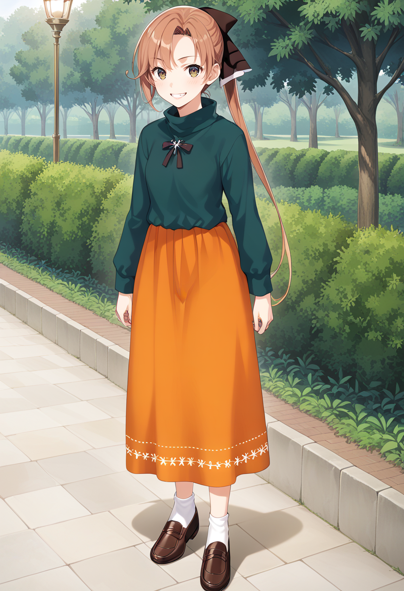 standing, 1girl, solo, full body, park, <lora:KC_01DD_akigumo_pony:1> akigumokc, brown_hair, long hair, ponytail, hair ribbon, black ribbon, green eyes,     akigumoshurabakc, turtleneck_sweater, green turtleneck, orange skirt, long skirt, white socks, brown loafers, score_9,score_8_up, score_7_up, source_anime, masterpiece, best quality,  official art, official style, game cg, megami magazine, rating_safe, rating_questionable, <lora:Fixhands_anime_bdsqlsz_V1:0.75>, NEGATIVE_HANDS