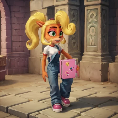 score_9.score_8_up,.score_7_up,masterpiece,realistic shadow,light detail,
<lora:Coco_Bandicoot:0.8>,
cocobandicoot, overalls, 1girl, shirt, green eyes, blonde hair,pink handbag