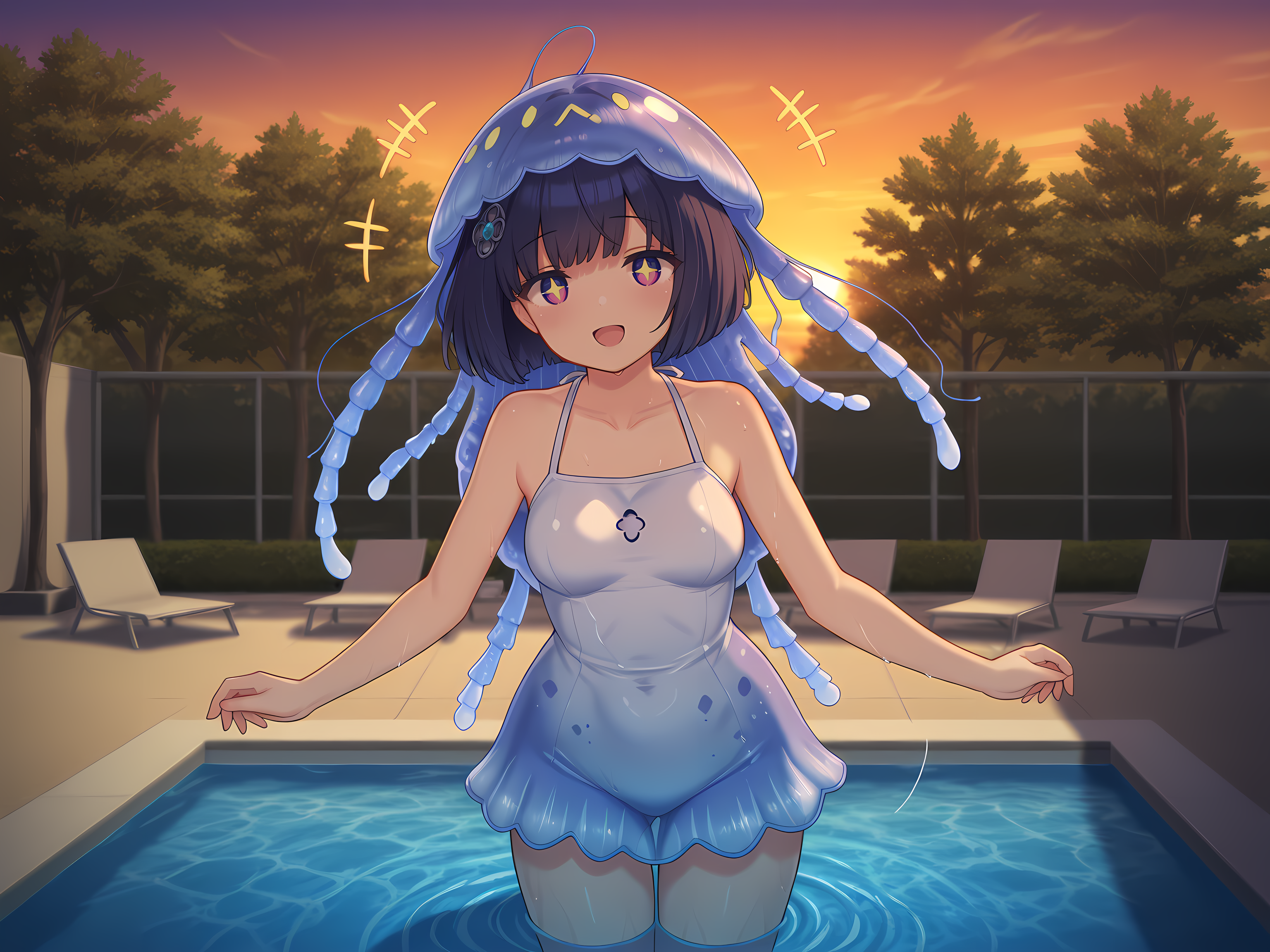 1girl,shizuha,jellyfish costume,cosplay,short hair,medium breasts,outdoors,<lora:Celesphonia_and_Selenoxia:0.8>,pool,dappled sunlight,sunset,tree,+_+, happy, open mouth,, masterpiece,best quality,amazing quality,