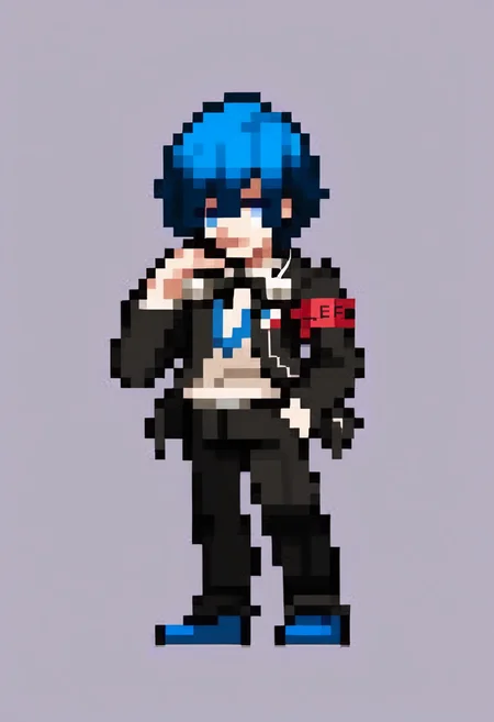 score_9, score_8_up, score_7_up, source_anime, BREAK, solo, 1boy, looking at viewer, <lora:Leanboox-Sprite-Style-pdxl_Fp:1>, simple background, full body, pixel art, <lora:MakotoP3-pdxl_Fp:0.8>, makotop3, school uniform, gekkoukan high school uniform, headphones, blue hair, blue eyes, short short hair, black jacket, black pants, hair over one eye, hand in pocket, looking at viewer, blue footwear, ribbon, armband,